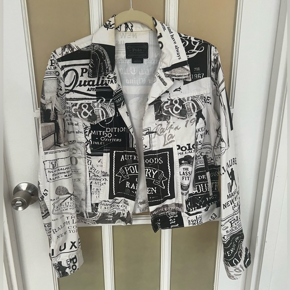RARE VINTAGE Polo Ralph Lauren Denim Bomber Jacket w/ Newspaper Graphic Print - Picture 1 of 6